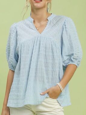 🩵 Umgee Textured Puff Sleeve Boho Blouse - Lt Blue